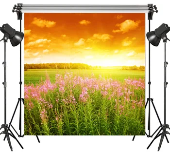 

LB Polyester & Vinyl Photography Backdrop For Studio Photo Props Photographic Background Pink Flowers Under Golden Sunset Decor