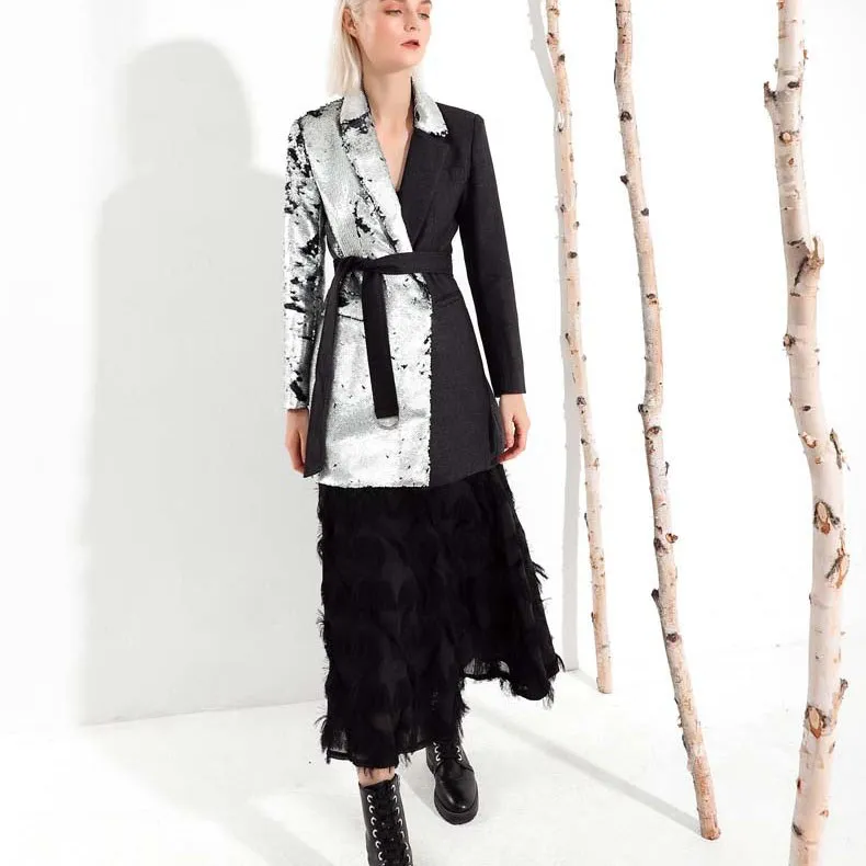 Collar Blazer Long Femmes Hiver Patchwork Sequin 2019 Manches Contraste Printemps Argent down Turn Pleine Couleurs Mode xwqzFXYXg