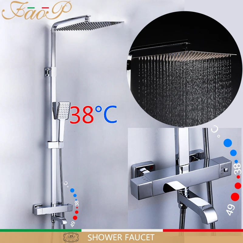 

FAOP Thermostatic Shower System Set Brass Rainfall Bathroom Faucet Thermostat Bathtub Mixer Tap Chrome