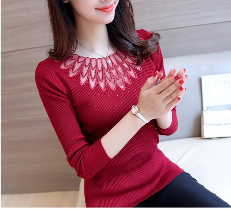 High Elastic Knitted Sweater Women 2019 Autumn Lace Patchwork Sweaters And Pullovers Lady Long Sleeve Red Pull Femme Hiver (4)