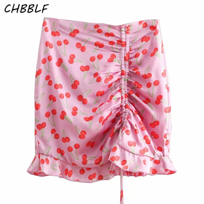 CHBBLF для женщин Вишневый принт плиссированные мини юбки Асимметричный шнурок галстук розовый женский повседневная юбка BGB9005