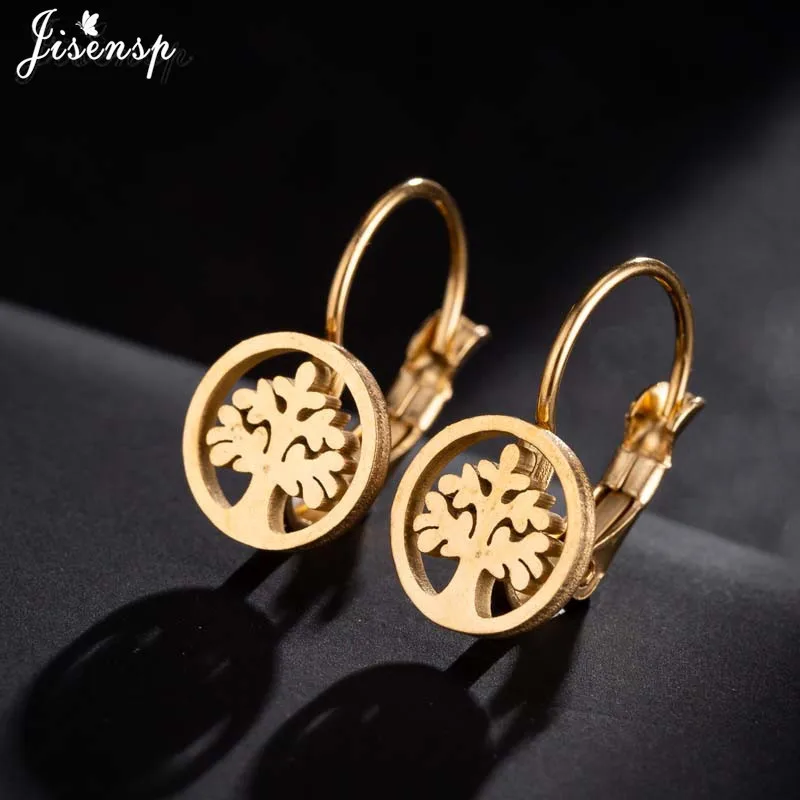 

Jisensp Vintage Life Trees Stainless Steel Earrings Fashion Jewelry for Women Round Big Hoop Stud Earrings accesorios mujer