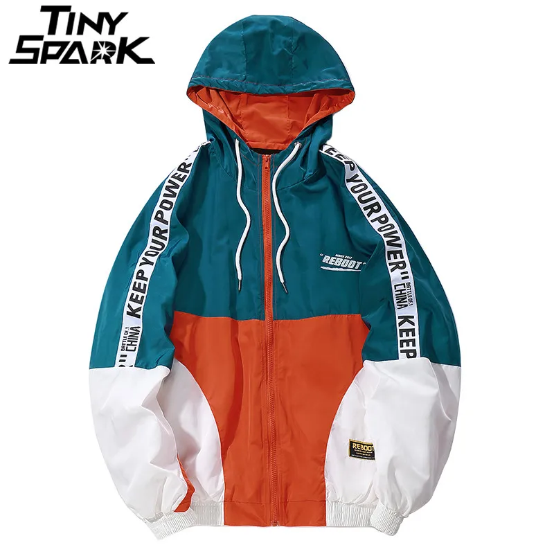 Hip Hop hombres chaqueta rompevientos con capucha otoño Casual 2018 Vintage bloque de Color suelto pista chaqueta de la Sudadera con capucha abrigos Streetwear Hip-Hop - 1