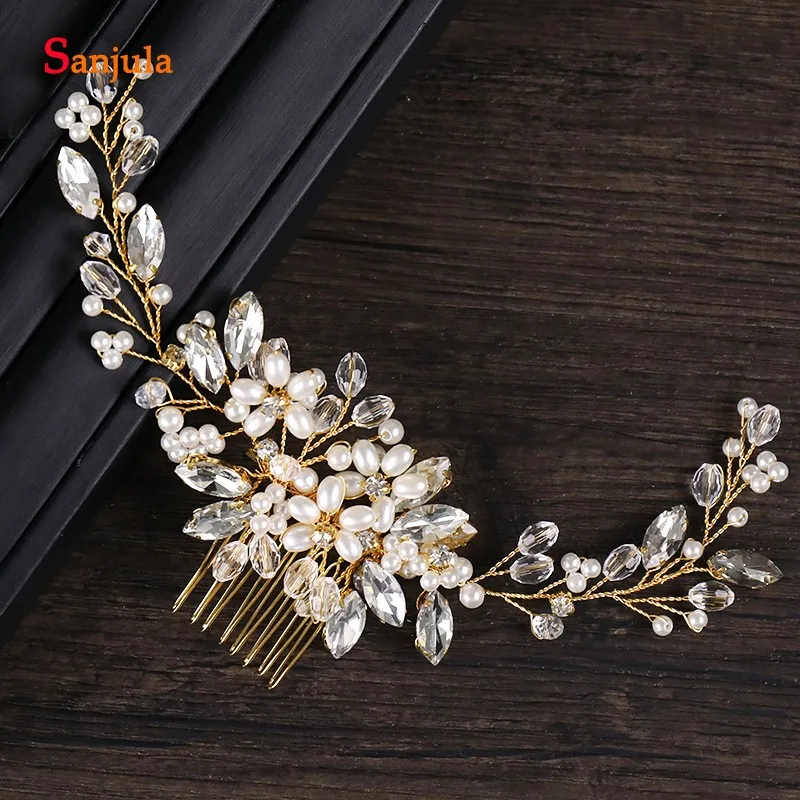 

Gold HeadPiece With Comb New Pearls Crystal Bridal Head Accessory Hand Made Wedding Decorations T036
