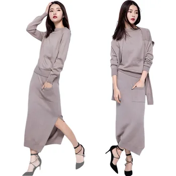 

Winter Woolen Cashmere Knitted Set 2018 New Two-piece Set Woolen Cashmere Knit Warm Suit Pullover Sweater+Skirts Three Piece Set