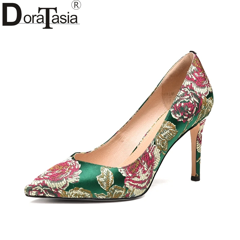 

DoraTasia 2018 silk upper embroider pointed toe spring pumps women shoes sexy thin high heels slip on wedding shoes woman