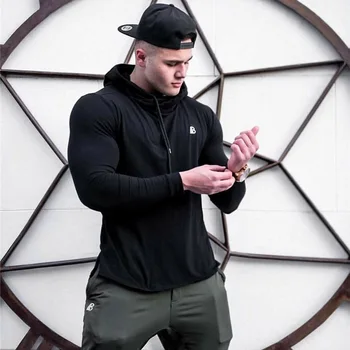 

Autumn Winter Full Sleeve Hooded Mens Sports Shirts Pullover Sweatshirt Running T-shirt Men Training Polyester