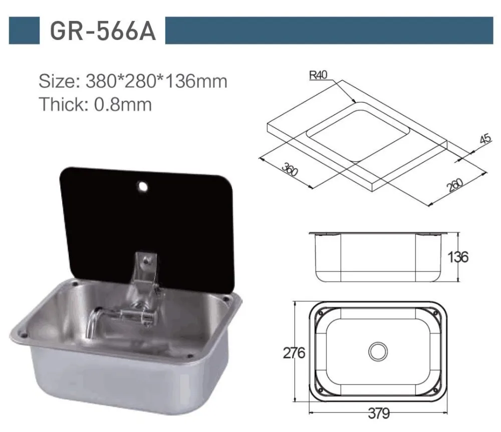 Лодка Караван Camper раковина из нержавеющей стали с крышкой из закаленного стекла 380*280*136 мм GR-566A