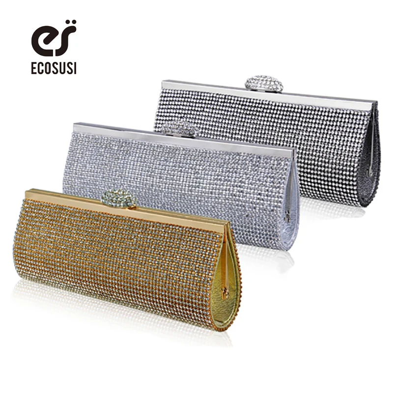 

ECOSUSI New Sophisticated Crystals Evening Bag Rhinestones Clasp Flap Women Clutch Bags Baguette Wallets wholesale Purse Party