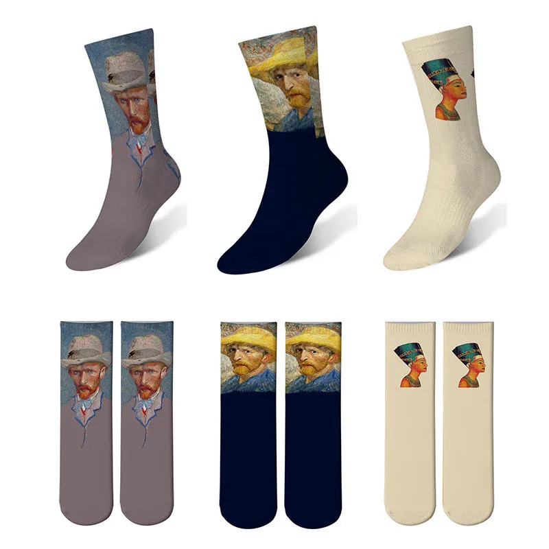 

Free shipping Women's Printed Socks Unisex Harajuku Cotton Socks Renaissance Van Gogh painting Funny Long Socks 6S-ZWL24