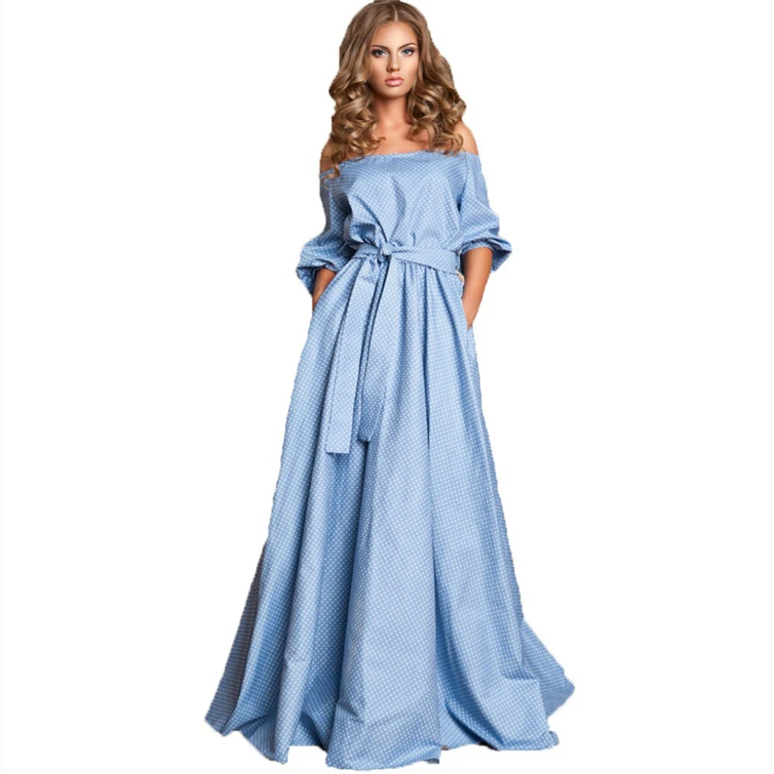 

HIGH QUALITY New Russian Fashion 2019 Maxi Dress Women's Slash Neck Off The Shoulder Sweet Dot Print Celebrity Party Long Dress