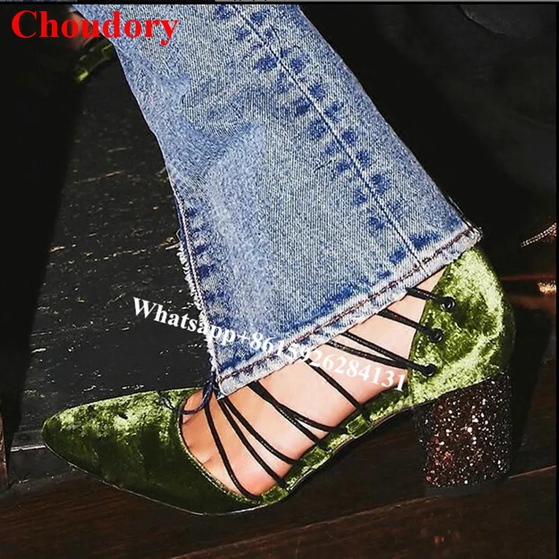

2017 Western Velet Shining Glitter Heel Bridal Wedding Pumps Shoes Woman Fashion Design Lace Up Caged Chunky High Heels Shoes