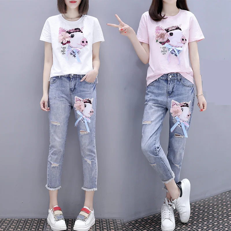 New 2019 Women Cartoon T Shirts Jeans 