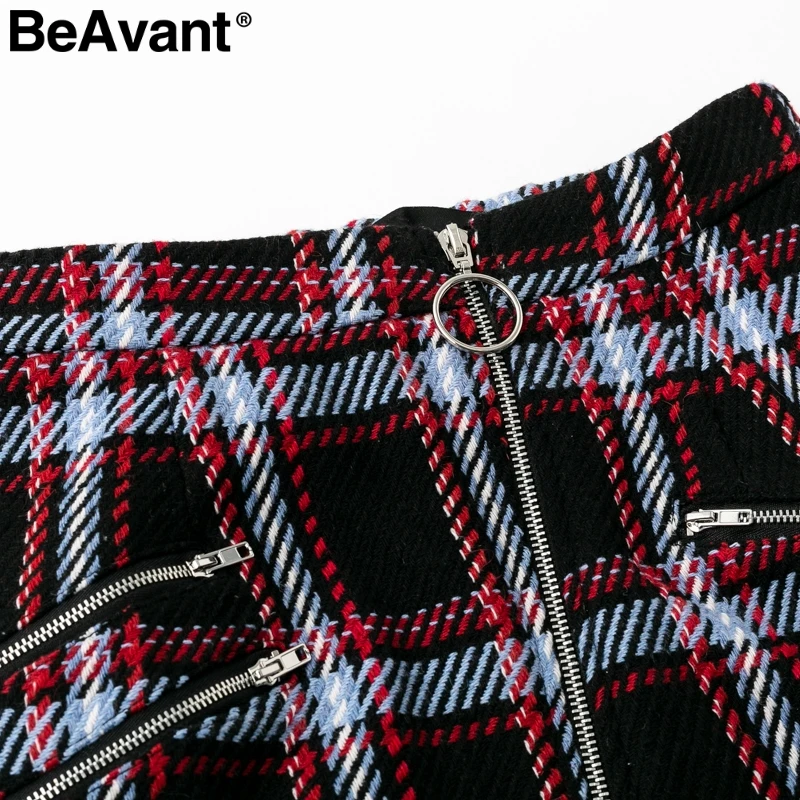 BeAvant элегантный передняя молния твид плед мини-юбка Для женщин 2018 модная Милая зимняя юбка осень Подкладка юбка с запахом для дам