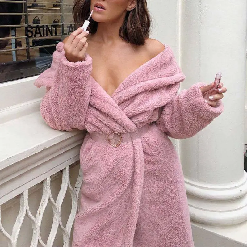 

Women Flurry Jacket With Belt Long Sleeve Long Coats Casual Cotton Autumn Winter Coat Pink Beige Cardigan Female M