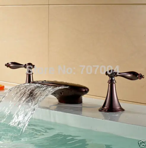 Oil Rubbed Bronze Deck Mounted Waterfall Hot and Cold Basin Faucet Dual Handles