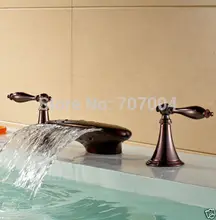 Oil Rubbed Bronze Deck Mounted Waterfall Hot and Cold Basin Faucet Dual Handles