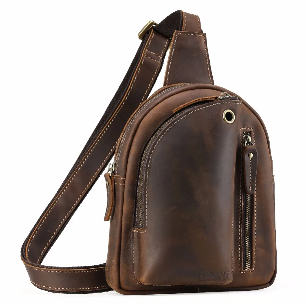 

TIDING Crazy Horse Genuine Leather Shoulder Pack Cross body Bag Clutch Handbag with Headphone Hole For Men Women 3177