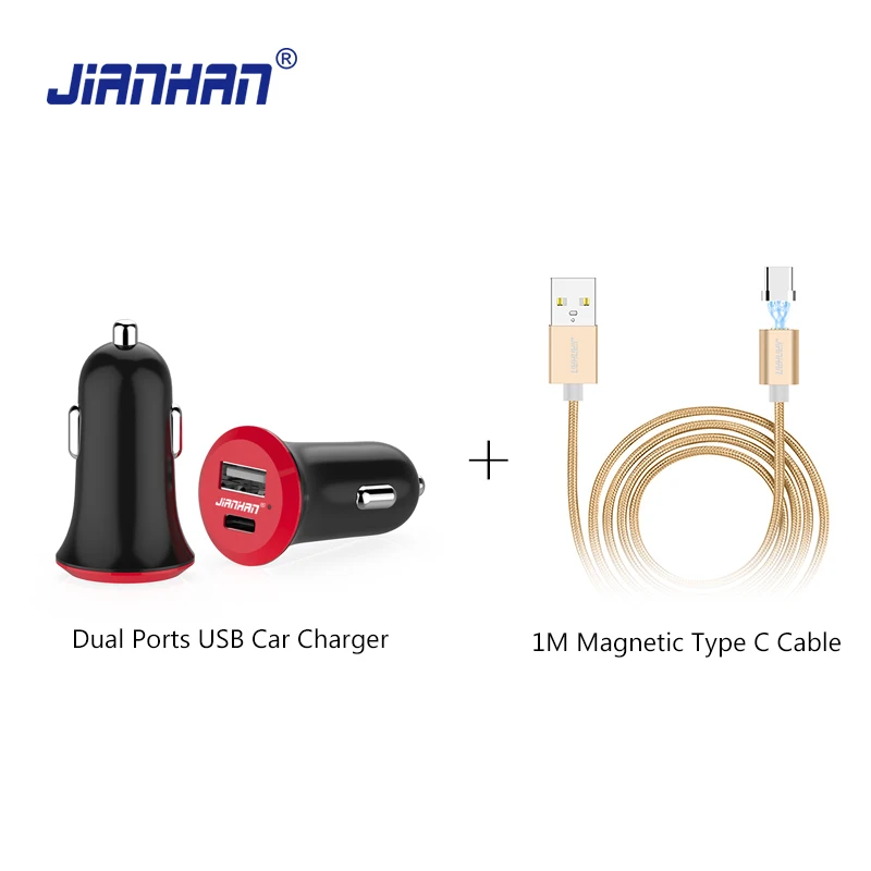 

JianHan Dual Ports USB Car Charger USB 3.1 Type C USB C Port and USB 2.0 Port Car Charger 5V 3A for iPhone Huawei Mate 8 Samsung