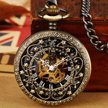 

Retro Bronze Mechanical Pocket Watch For Men Hollow Sculpture Skeleton Steampunk Mens Present Roman Number Dial Hand-wind Watch