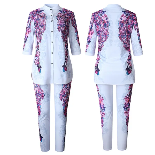 2019 Новые африканские женские комплекты, бисерный принт Дашики, костюмы из двух предметов, наряды, блузка с длинными рукавами, топы + брюки