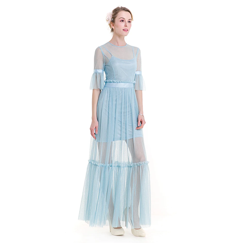 

TFGS Women Elegant Sky Blue Lace Fairy Dress Dot Flare Sleeve Long Dress Greek Style Goddess Princess Dresses Spring Autumn Su