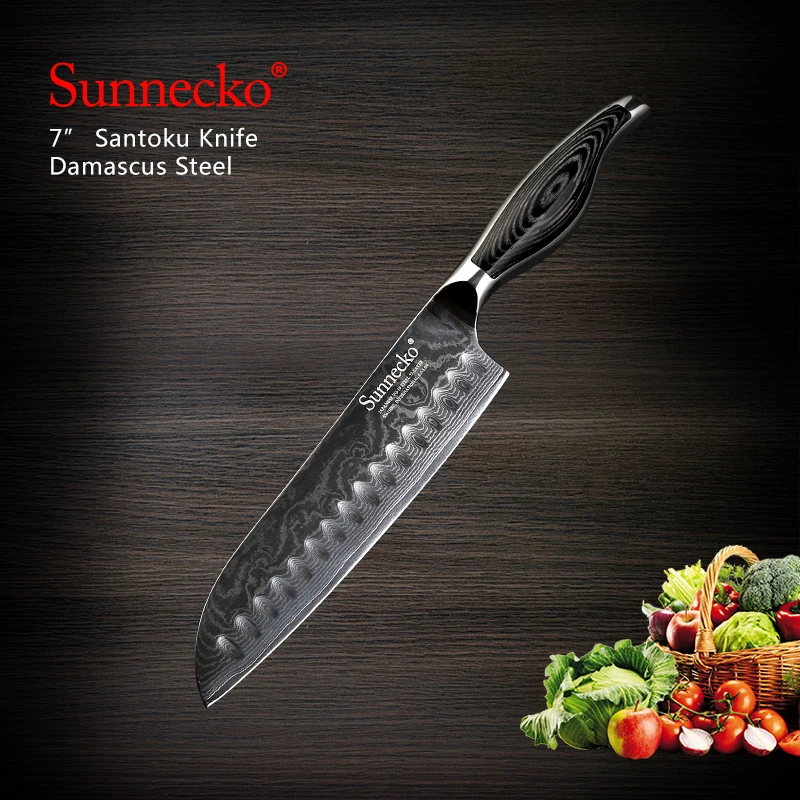 

SUNNECKO 7" inch Santoku Knife Kitchen Knives Japanese Damascus VG10 Steel Sharp Hardness Blade Pakka Wood Handle Chef Cut Tools