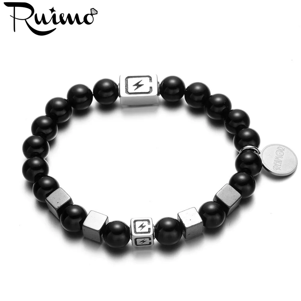 

RUIMO Trendy Black Smooth Onyx Natural Stone Bracelets&Bangles Stainless Steel Lightning beads Ironstone Charm Bracelet Jewelry