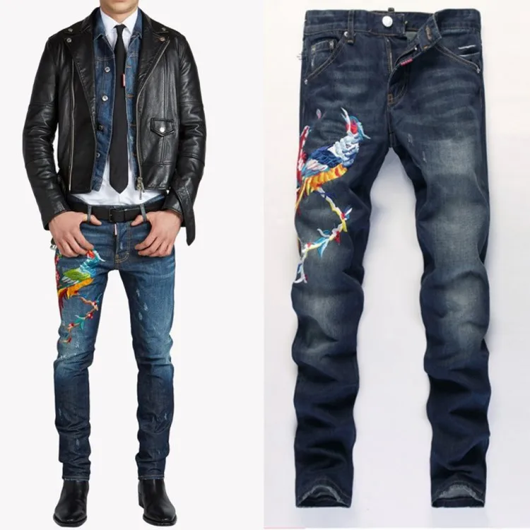 Новинка, фирменные повседневные мужские джинсы, узкие прямые байкерские джинсы, мужские модные дизайнерские Джинсовые штаны с вышивкой Феникса, длинные брюки