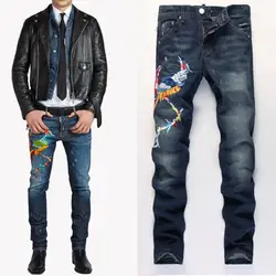 Новые Брендовые повседневные мужские джинсы тонкие прямые мужские байкерские джинсы с модной вышивкой Феникс схема джинсовые брюки