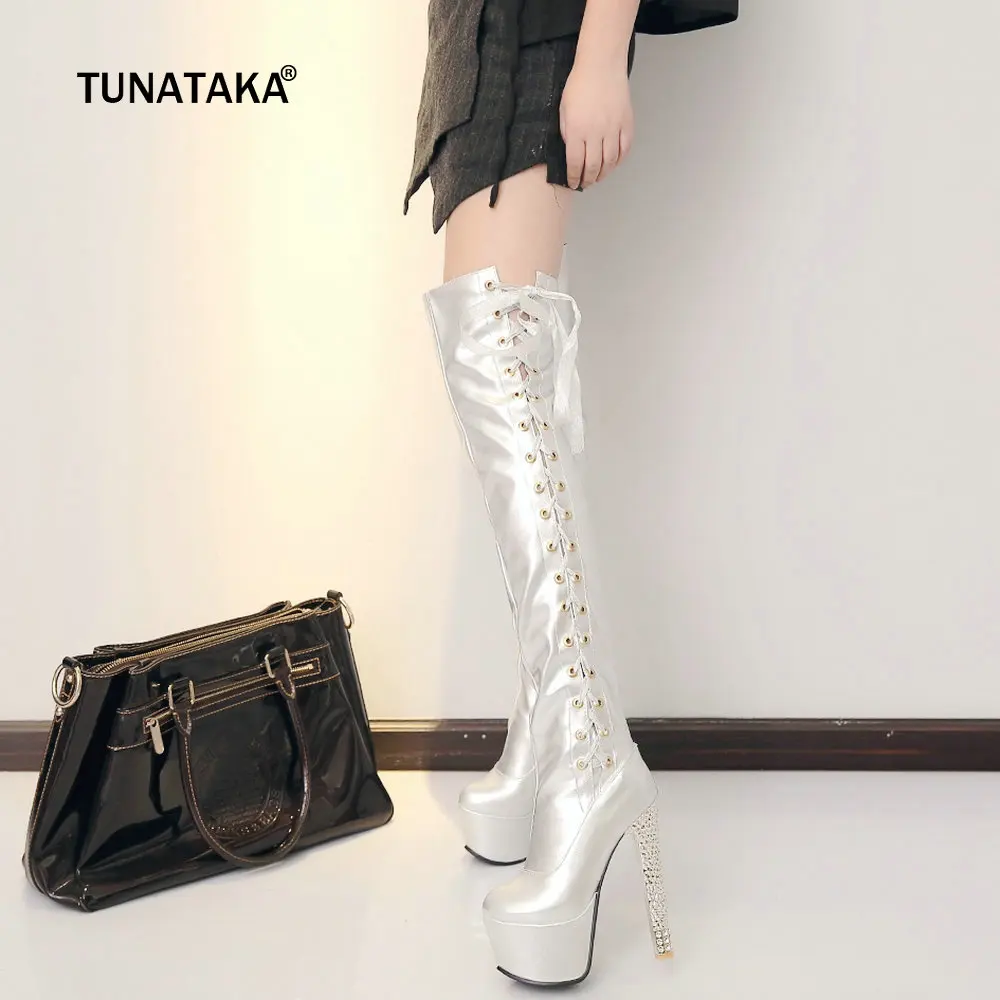 

Women's Lace Up Platform Square High Heel Over The Knee Boots Fashion Cross Tied Winter Ladies Shoes Black Gold White
