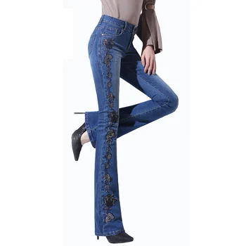 

2017 New Embroidered Elasticity Slim Flare Jeans Female Boot Cut Flower Jeans Denim Trousers