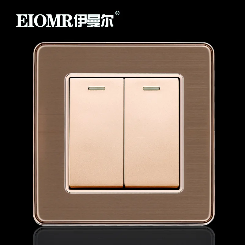 

86mm EU Golden Stainless Steel Metal Wire Drawing Wall Switch for Household Power Supply 2Gang 2Way Switch 250V 16A