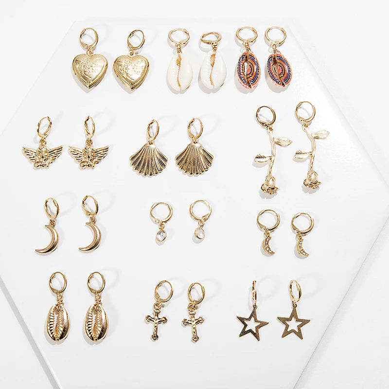 

AE-CANFLY 12 Styles Bohemian Shell Feel Free To Match Small Round Earrings Statement Crystal Moon Earrings for Women Jewelry