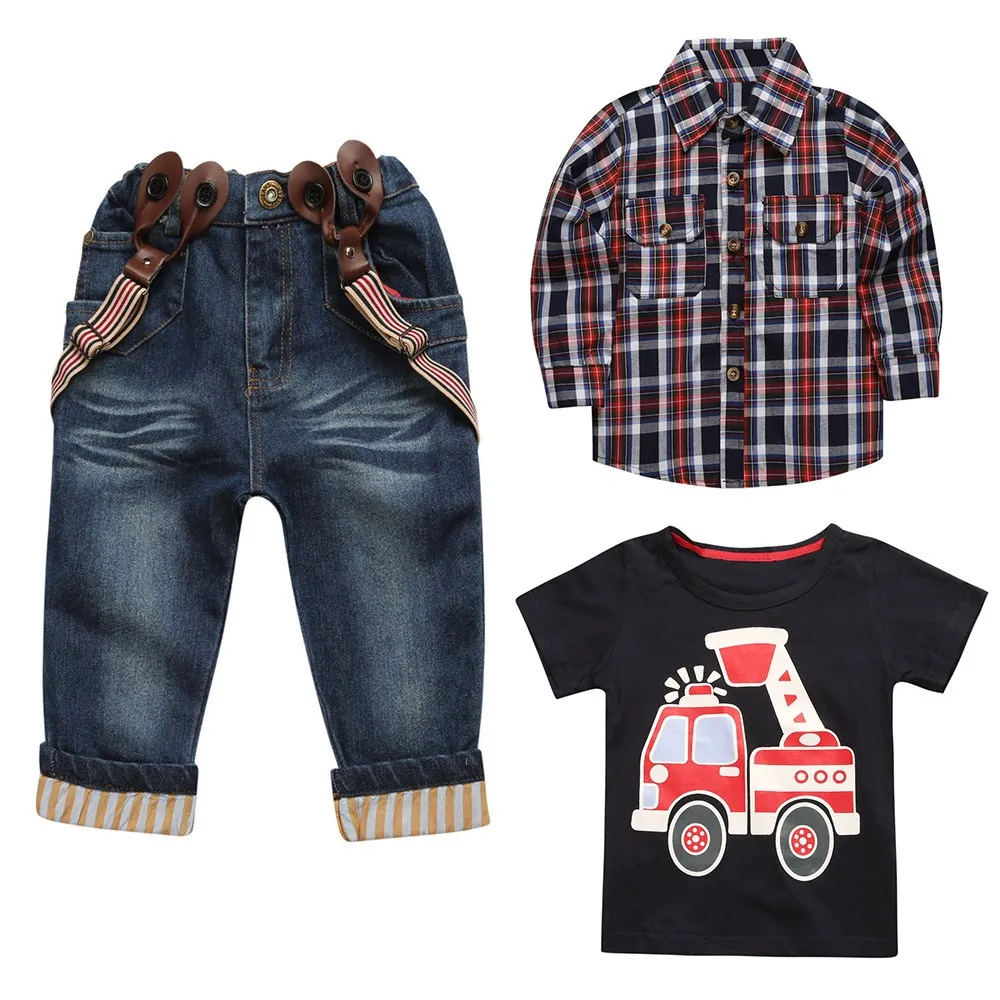 

Perimedes 3PCS Kids Boys Winter Clothes Outfits Children Boys Shirt Plaid Overshirt+T-Shirt+Suspender Jeans Pants Clothes Sets