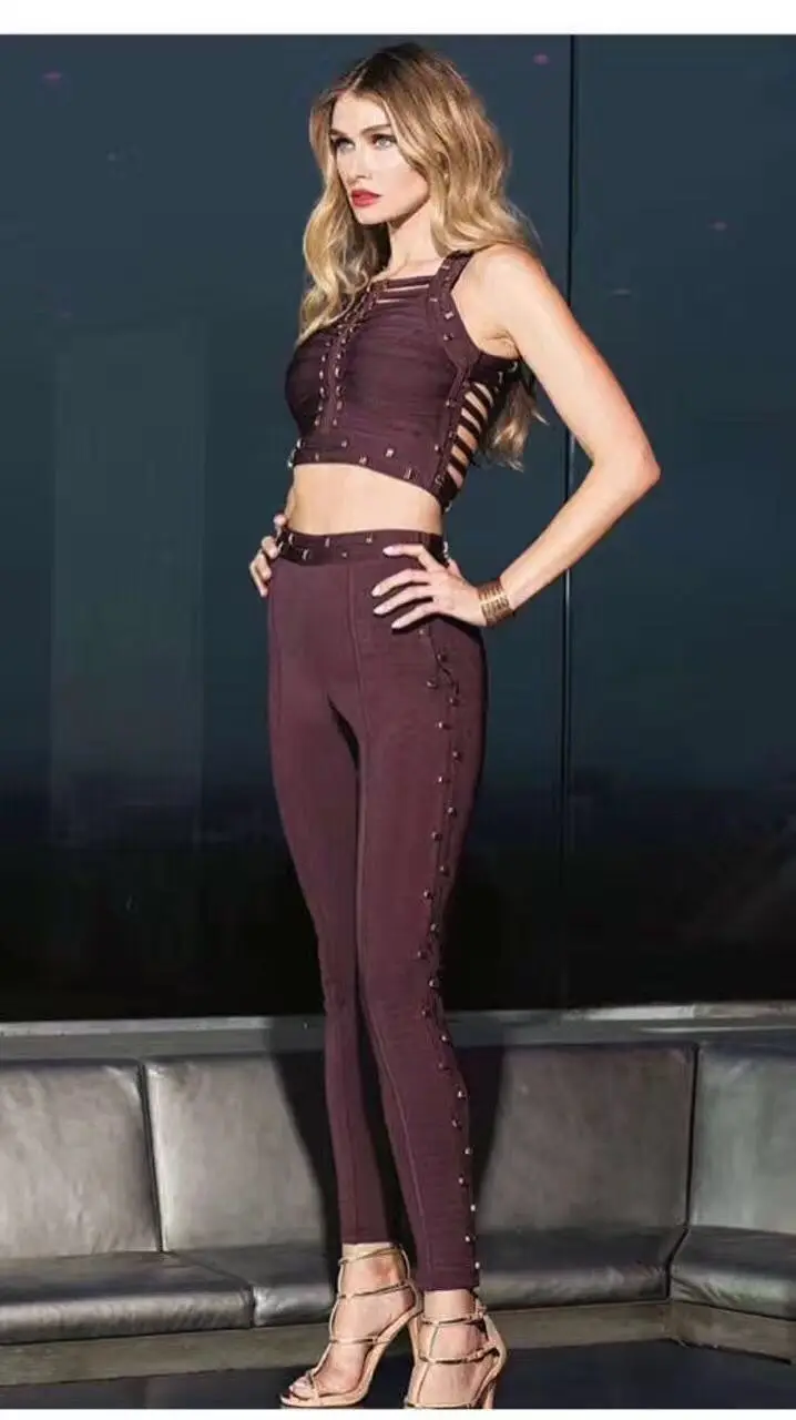 Alta Qualidade Preto Sem Mangas Marrom 2 Peças Conjunto Bandagem Cocktail Party Moda Set