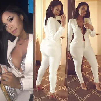 

Plus size sexy two piece set jumpsuit rompers spring autumn club party long legging pants suit outfit white blue bodycon macacao