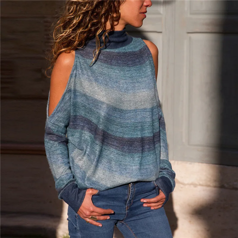 

Women Cold Shoulder Long Sleeve Casual Striped Ladies Tops