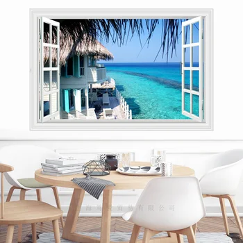 

False window Mediterranean landscape Wall Stickers PVC Material Beach seascape Wall Poster for Living Room Bedroom Decor Murals