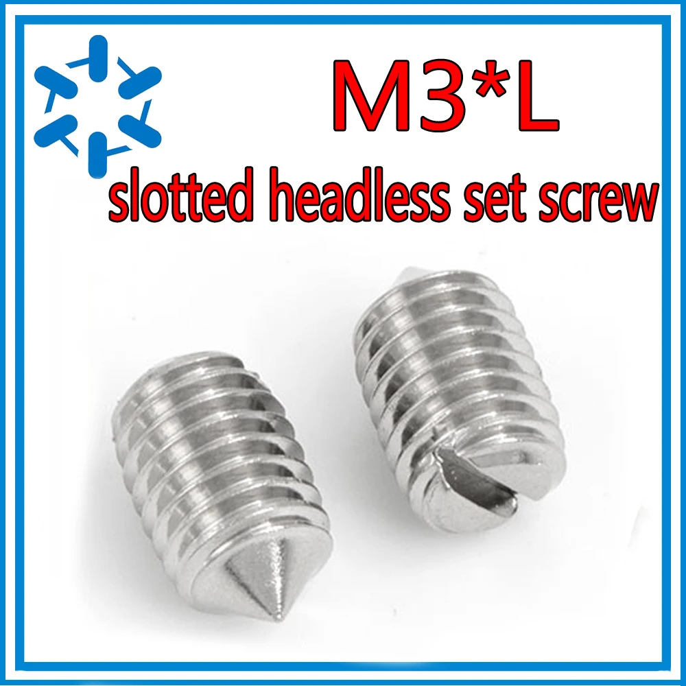 100pcs/lot M3*L DIN553 Stainless steel slotted headless set screw with cone point Slotted