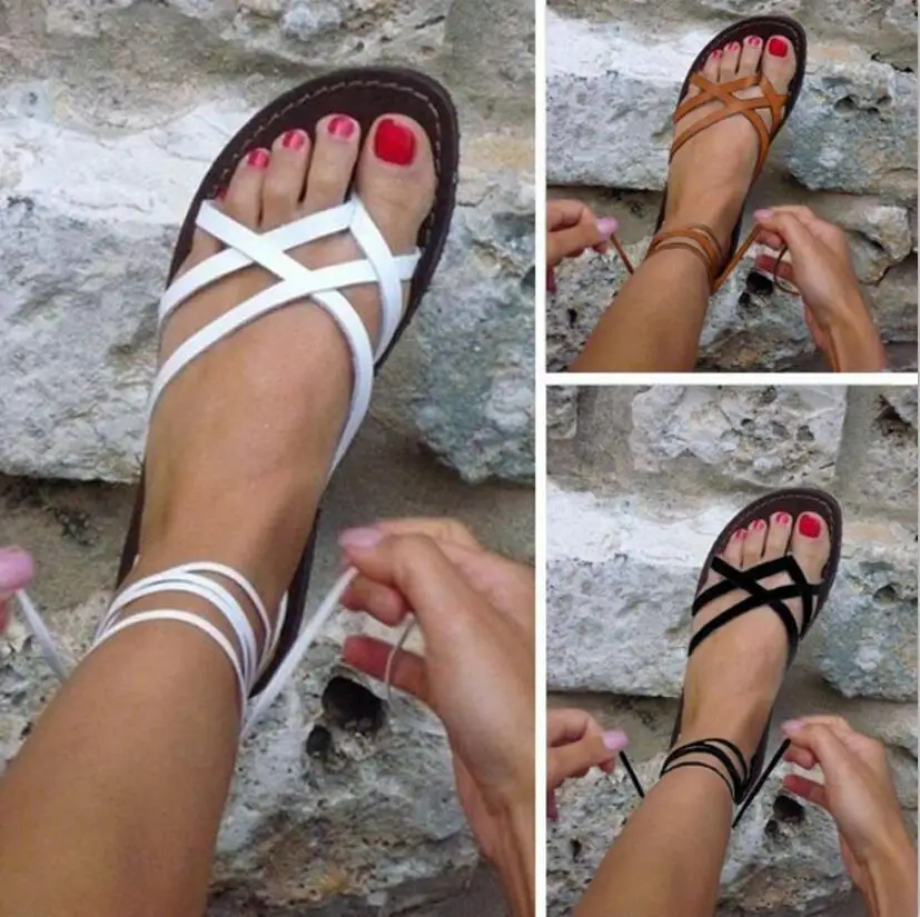 melhor Senhoras verão aleta plana sandálias mulher sapatos casuais mulheres roma cross amarrado lace up meninas chaussure Zapatos Mujer F180214