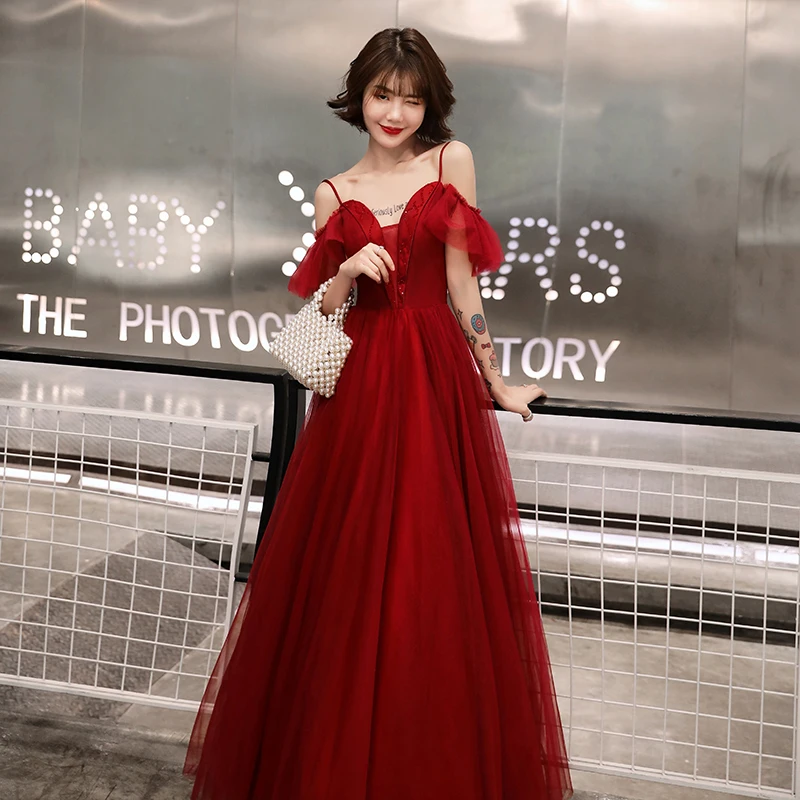 

Patchwork Burgundy Women Satin Cheongsam Maxi Evening Dress V-neck Spaghetti Strap Sexy Exquisite Rhinestone Robe De Soiree