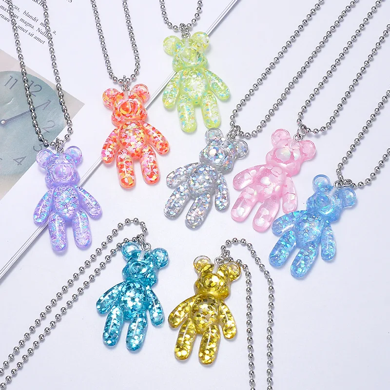 20PCS Cute Girls Cartoon Bling Bear Pendant Necklace For Women Beads Chain On The Neck Female Jewelry Wedding Party Gift