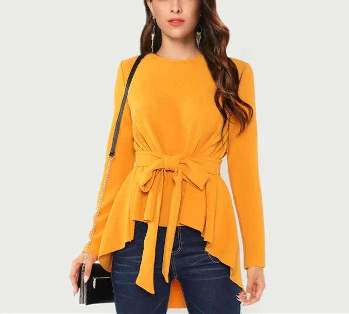 JOYINPARTY Long Sleeve Shirt Women Blouses and Shirts Autumn Ladies Self Belted Asymmetric Hem Womens Tops Elegant Blouse