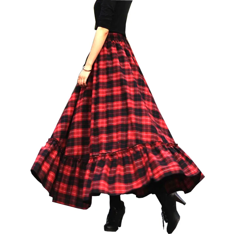 2019 Plus Size 5XL XXXXL Herfst en Winter Rode Rooster Plaid Ruche Wol Wollen ontwerpen vrouwelijke Lange Maxi Rokken Vrouwen feminina