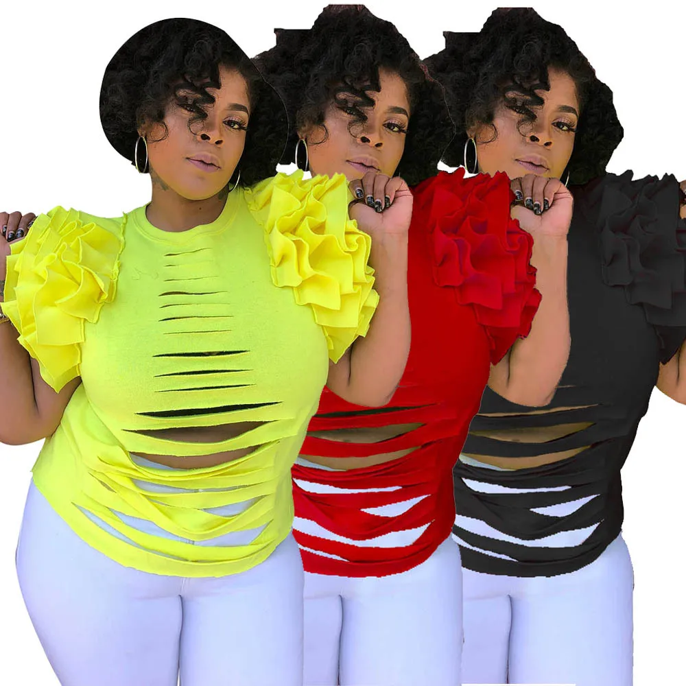 

Adogirl front cut out petal sleeve summer tee shirts hollow out ruffles holes tops sexy multi ruffles layers lady tee S-XL