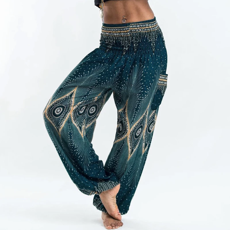 Women National Style Loose Cotton Printed Pants Elastic Baggy Boho Female Harem Long Pants Comfy Side Pocket Indie Folk Trousers Women National Style Loose Cotton Printed Pants Elastic Baggy Boho Female Harem Long Pants Comfy Side Pocket Indie Folk Trousers