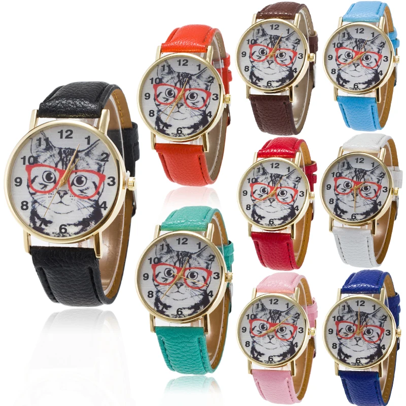 Fashion Womens Ladies Dial Watch Cute Lovely Cat Pattern Casual Faux Leather Band Quartz Analog Dress Students Wrist Watch Clock