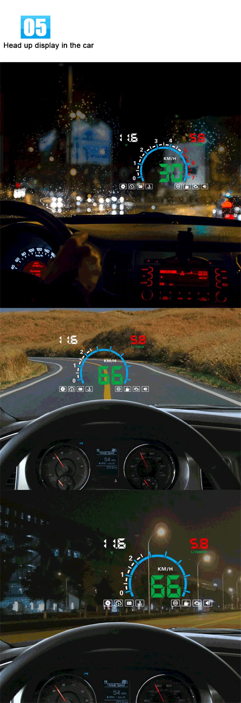 5," Hud OBD2 дисплей лобового стекла спидометра автомобиля Speedo Projetor