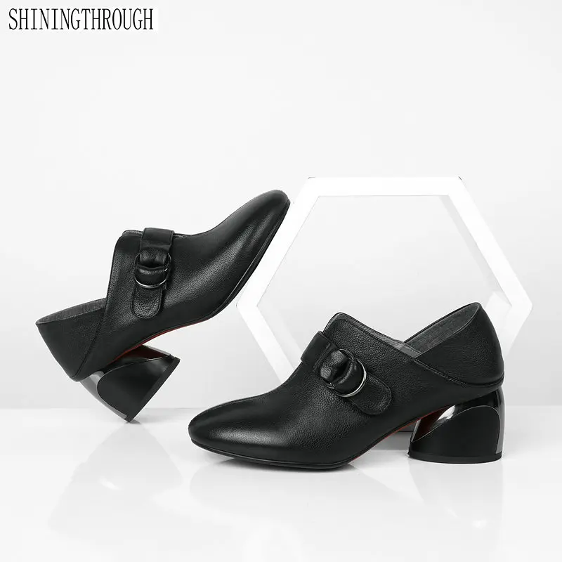 

women pumps spring autumn genuine leather square toe solid color shoes high heeled party shoes big size 34-42
